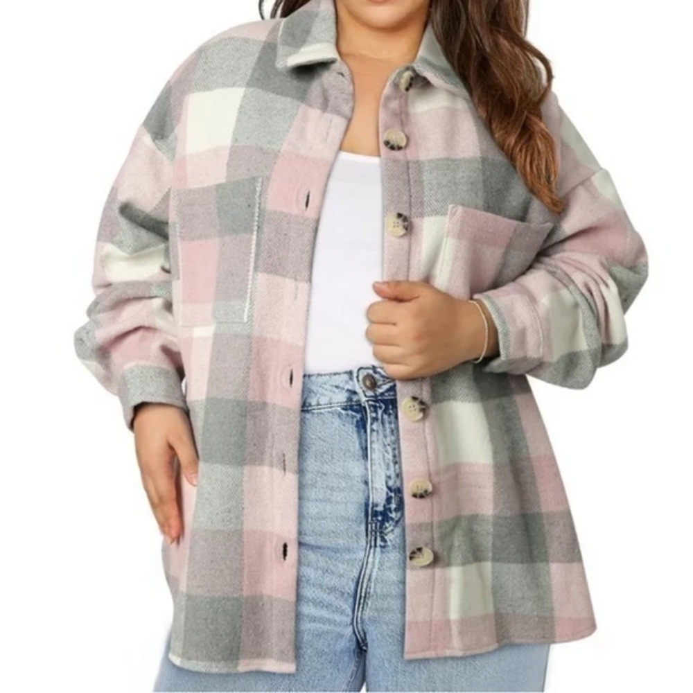 Pink and gray plaid long sleeve button down shirt size L